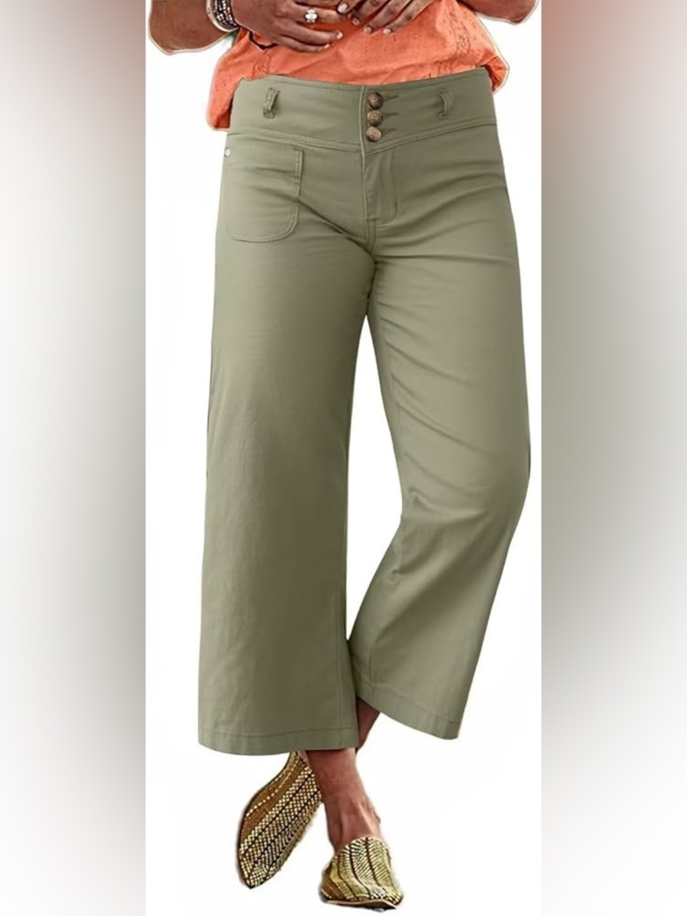 NWT Flamingos Women's Wide Leg Crop Pants Olive Green Casual Size M